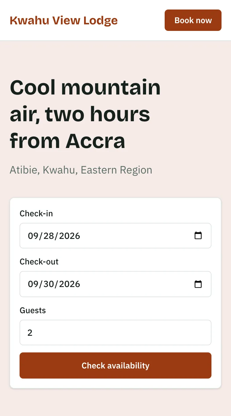 Kwahu View Lodge's booking site on a phone, in the lodge's red, with a form to pick check-in and check-out dates.