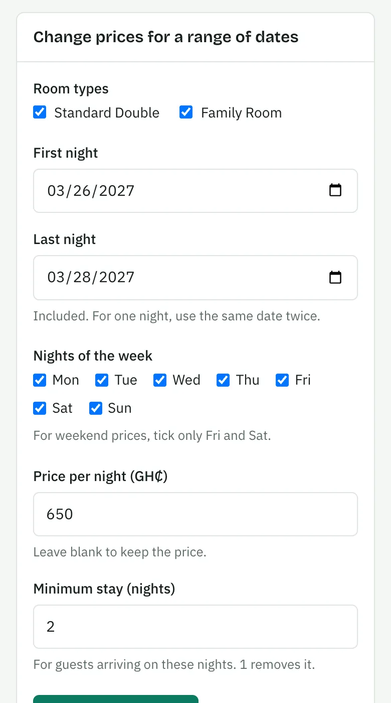 Changing prices for Easter: 26 to 28 March 2027 at GH₵650 a night, with a 2-night minimum stay.