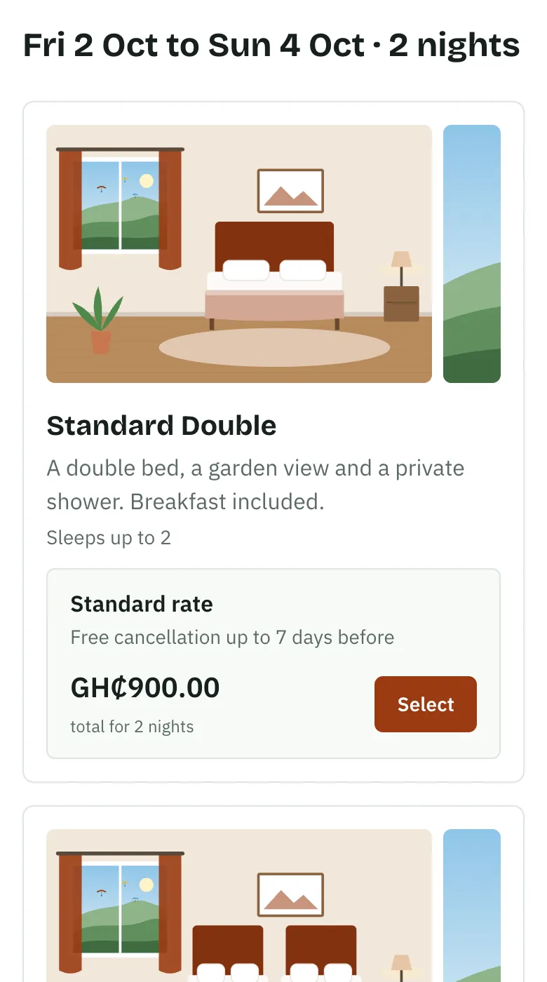 The rooms free for 2 to 4 October, each with its total price for 2 nights and a Select button.