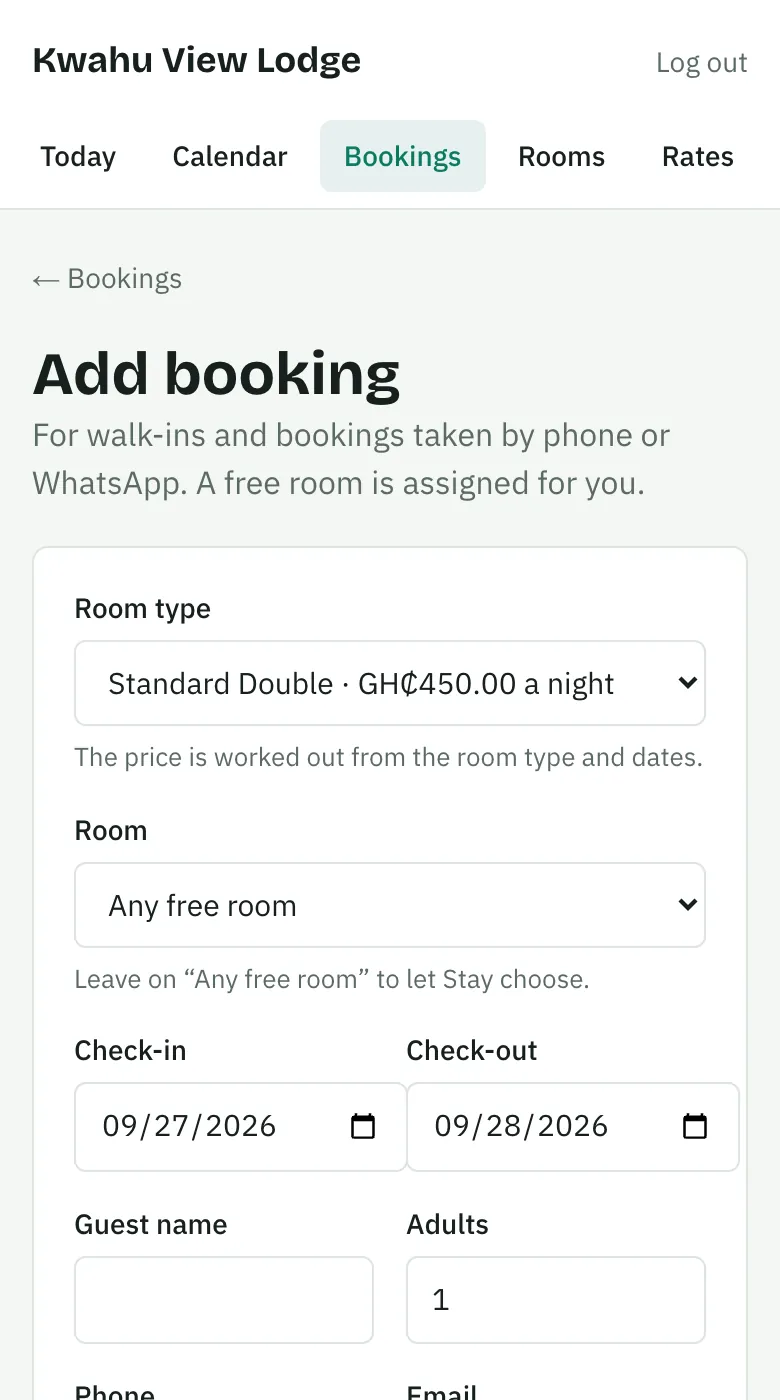 The Add booking form for walk-ins and phone bookings, with the price per night and any free room.